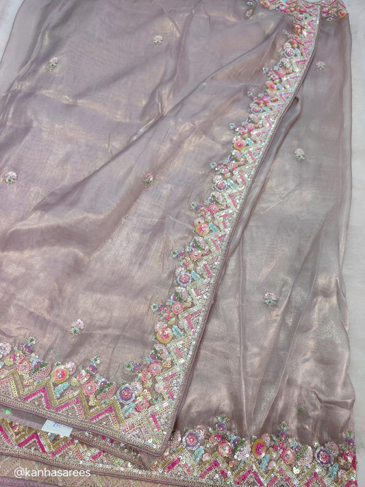 Lavender Pure Soft Tissue Silk Saree with Sequin Thread Handwork | Designer Partywear Saree - Kanhasarees by ksds