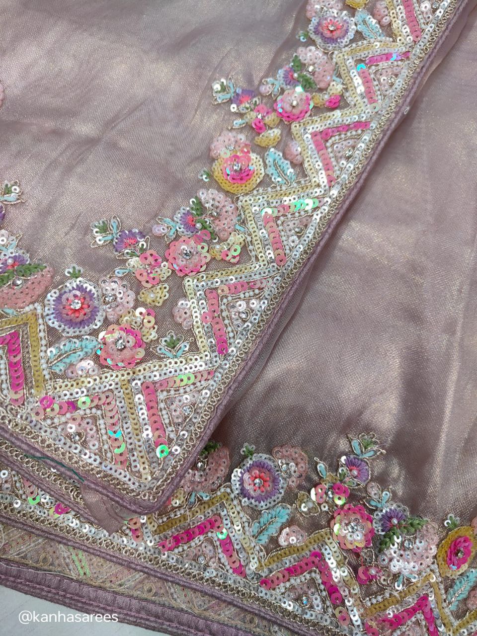 Lavender Pure Soft Tissue Silk Saree with Sequin Thread Handwork | Designer Partywear Saree