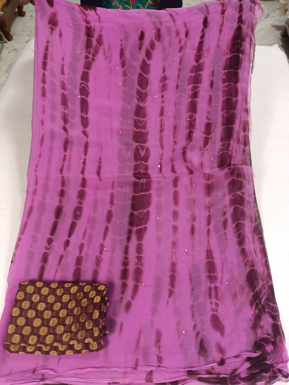 Pure Chiffon Shibori Dyeing Saree | Tikki Handwork | Georgette Zari Buta Blouse