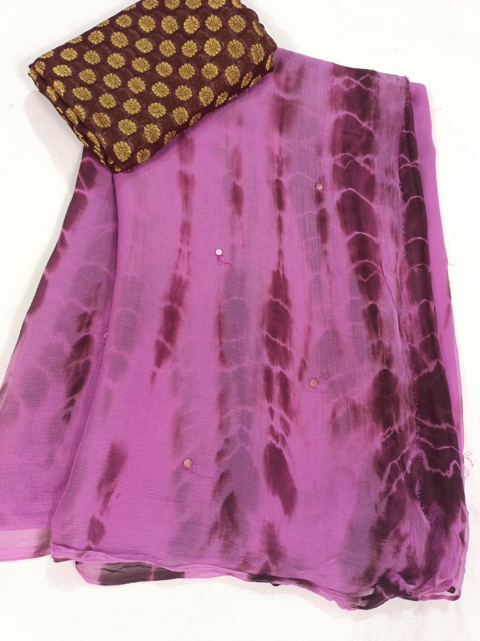 Pure Chiffon Shibori Dyeing Saree | Tikki Handwork | Georgette Zari Buta Blouse