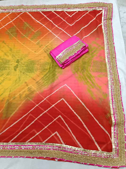 Marble Georgette Shibori Dyed Saree with Gota Border & Rani Dhupion Silk Blouse - Kanhasarees by ksds