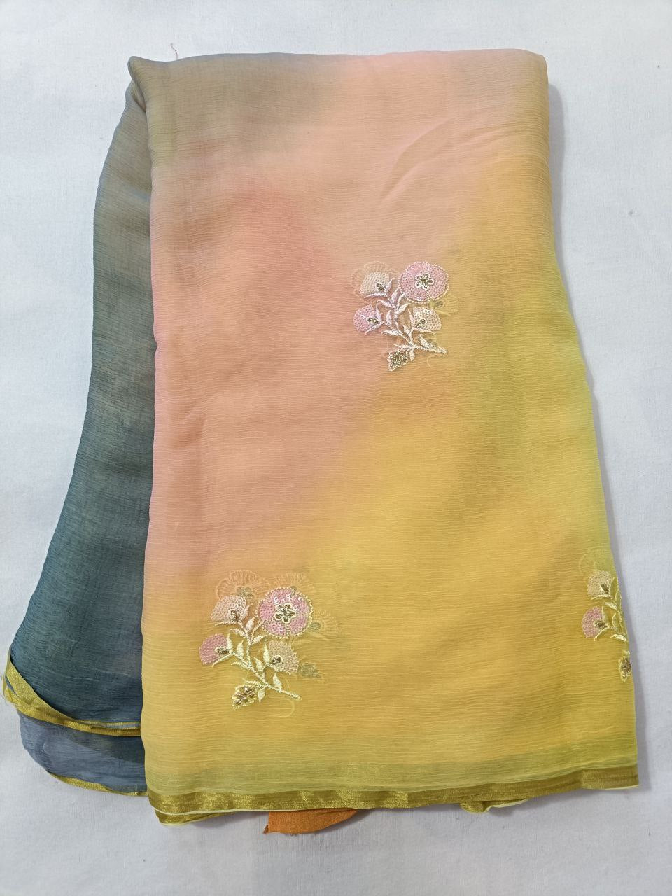 Pure Chiffon Multi-Dye Saree with Thread & Sequin Butties – Lightweight Summer Special Saree