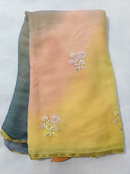 Pure Chiffon Multi-Dye Saree with Thread & Sequin Butties – Lightweight Summer Special Saree