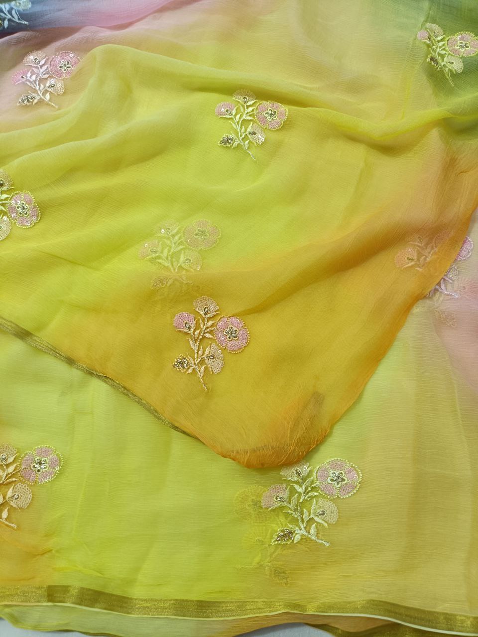 Pure Chiffon Multi-Dye Saree with Thread & Sequin Butties – Lightweight Summer Special Saree