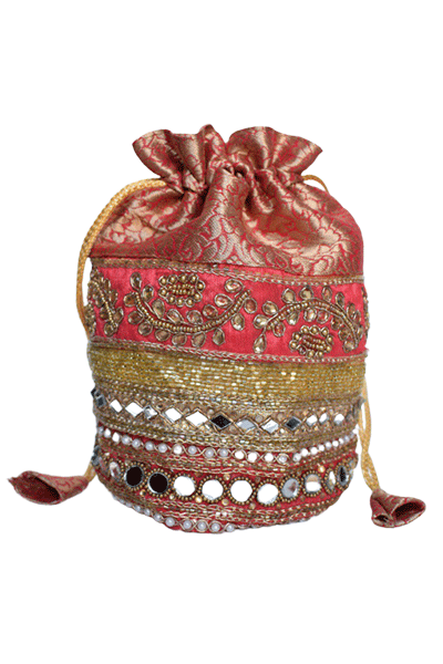 Designer Pink color Traditional Mirror, Stone, and Zardozi Handwork Potli - KANHASAREE