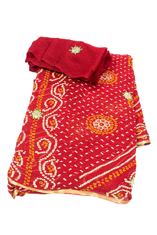Red pure chiffon bandhani saree with kundan work buti - Kanhasarees by ksds