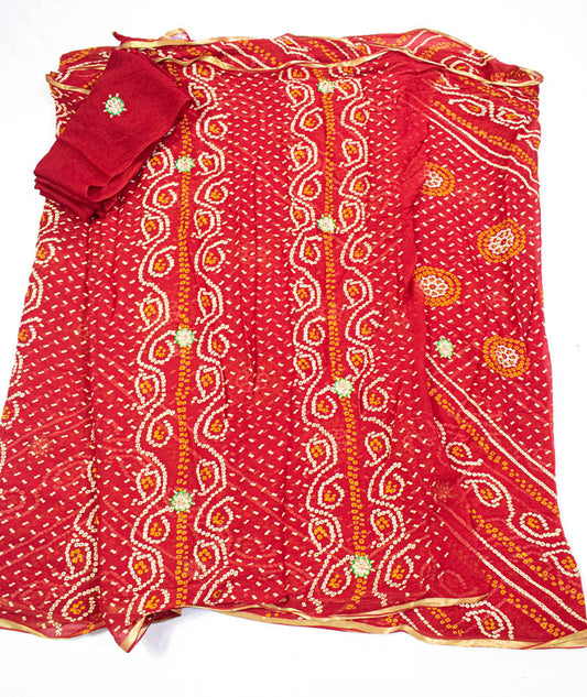Red pure chiffon bandhani saree with kundan work buti - KANHASAREE