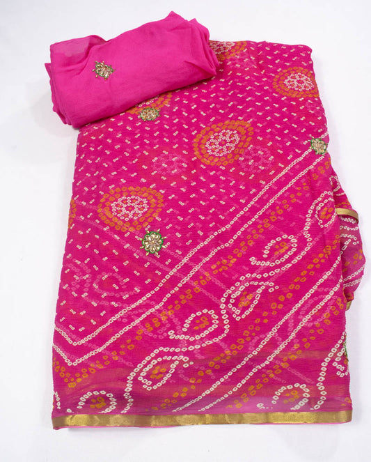 Pink pure chiffon bandhani saree with kundan work buti - KANHASAREE