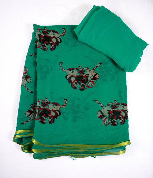 Green color Pure Chiffon Rajasthani Print Saree - KANHASAREE