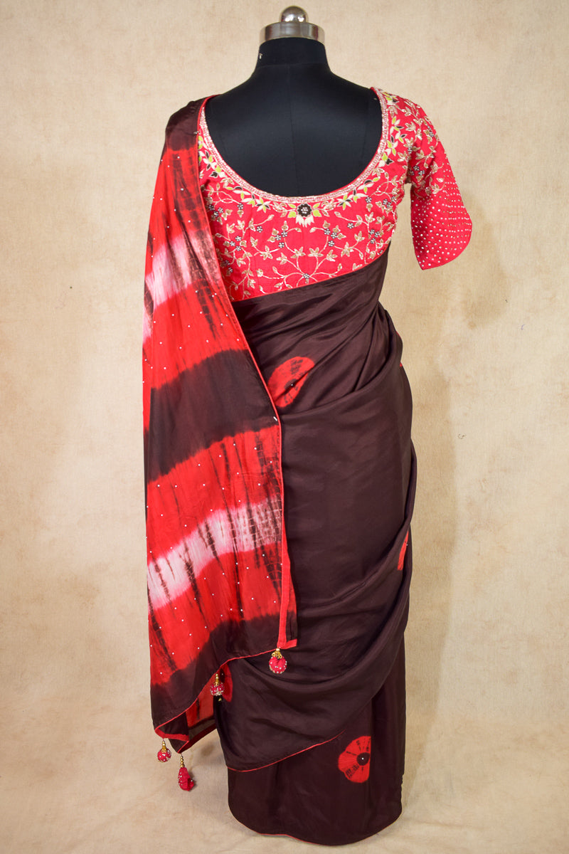 pure crepe shibori saree with stitched designer blouse - KANHASAREE