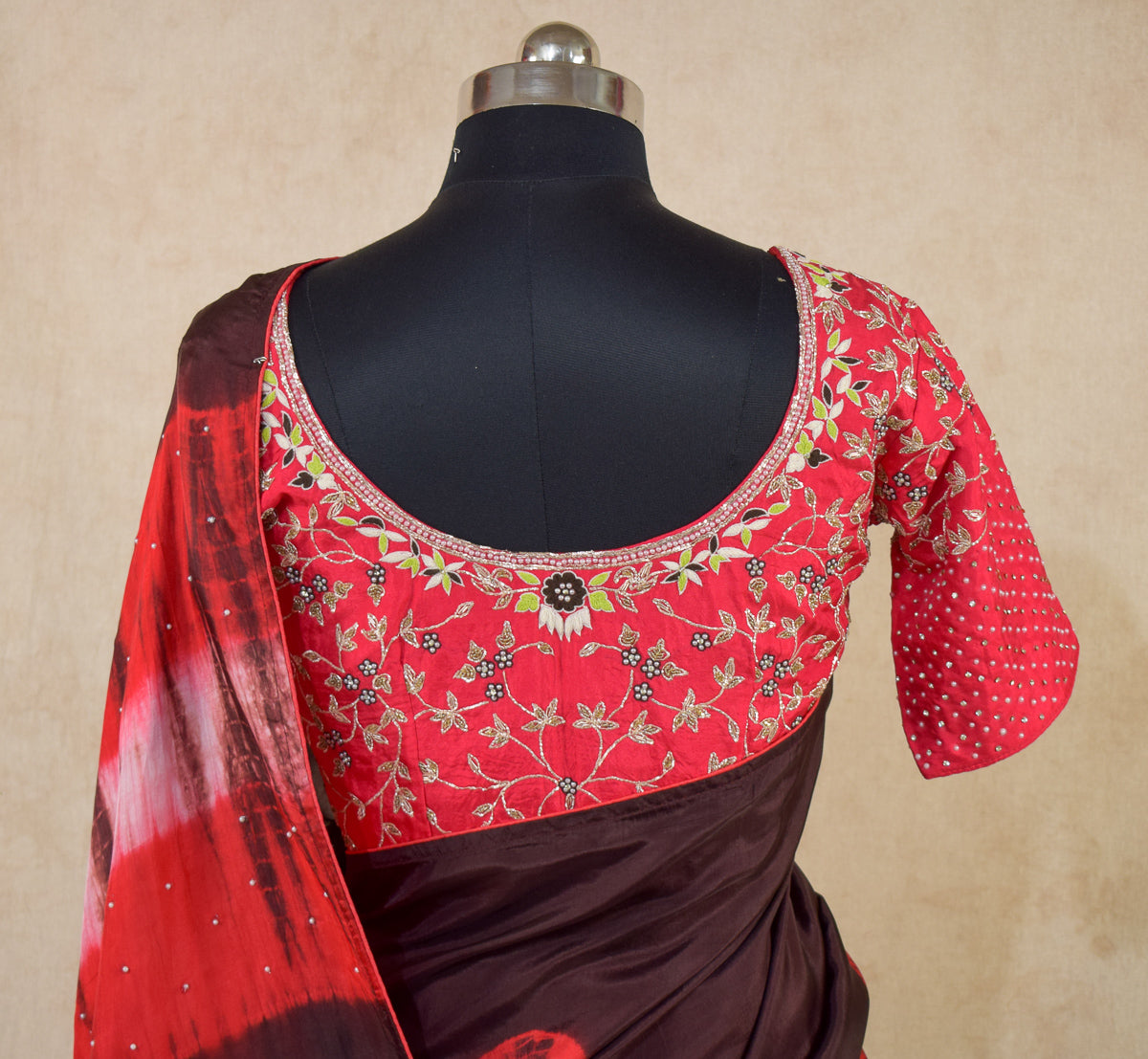 pure crepe shibori saree with stitched designer blouse - KANHASAREE