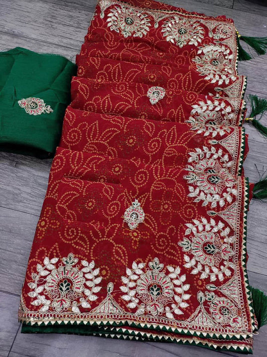 Red bandhani saree with contrast blouse and gotapatti work - KANHASAREE