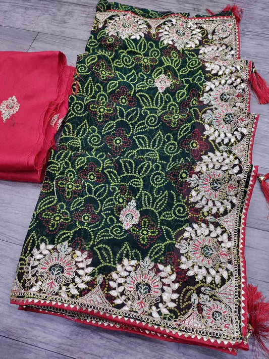 Bottle green bandhani saree with contrast blouse and gotapatti work - KANHASAREE
