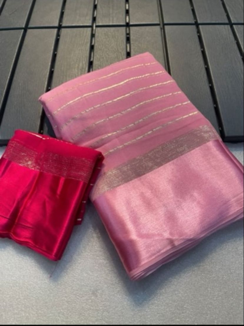 Pure Viscose Georgette Saree with Zari Lines and Satin border - Contrast Blouse Included