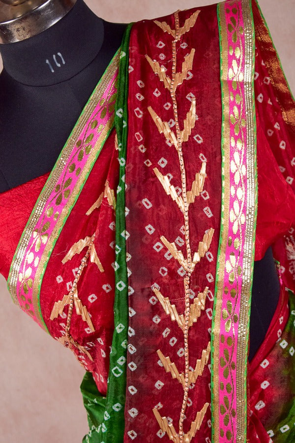 Red green combination bandhani saree - KANHASAREE