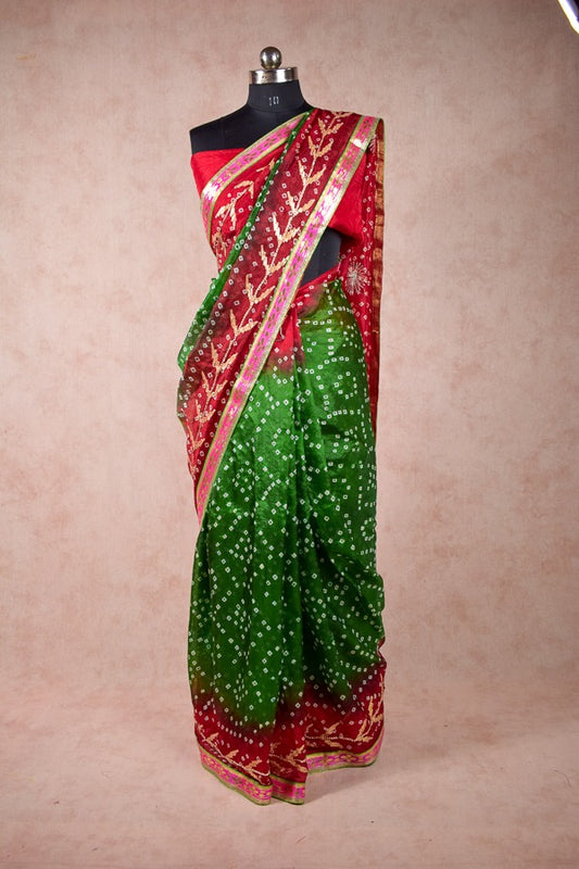Red green combination bandhani saree - KANHASAREE