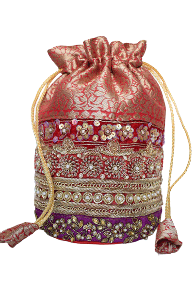 Beautiful Traditional Red color Stone, and Zardozi Handwork Potli - KANHASAREE