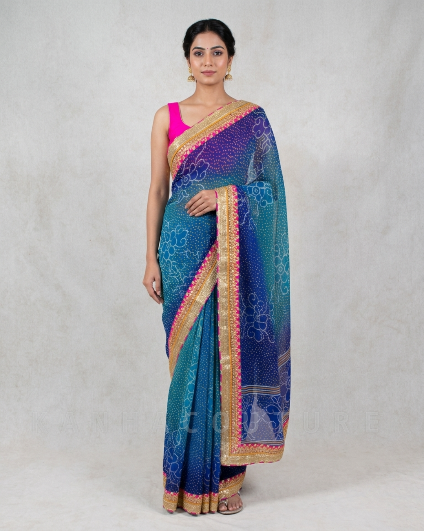 Georgette Bandhani Saree with Unstitched Blouse – Pink & Blue