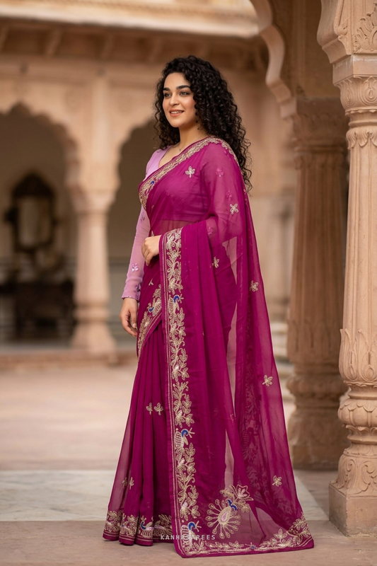 Close-up of the delicate handwork embroidery on the deep pink chiffon saree.