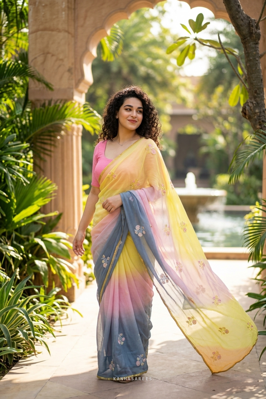 Pure Diamond Chiffon Handwork Saree with Pink & Yellow Border