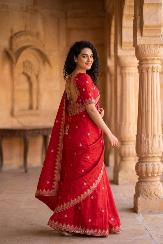 Festive red art silk saree, showcasing the traditional Jaipuri patterns.