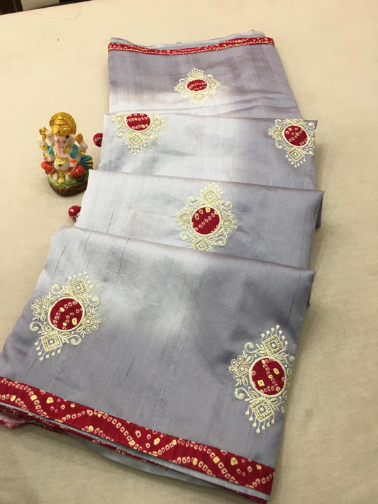 Soft Tussar Cotton Saree with Bandhani Applique & Jari Stripes - Casual Elegance - KANHASAREE