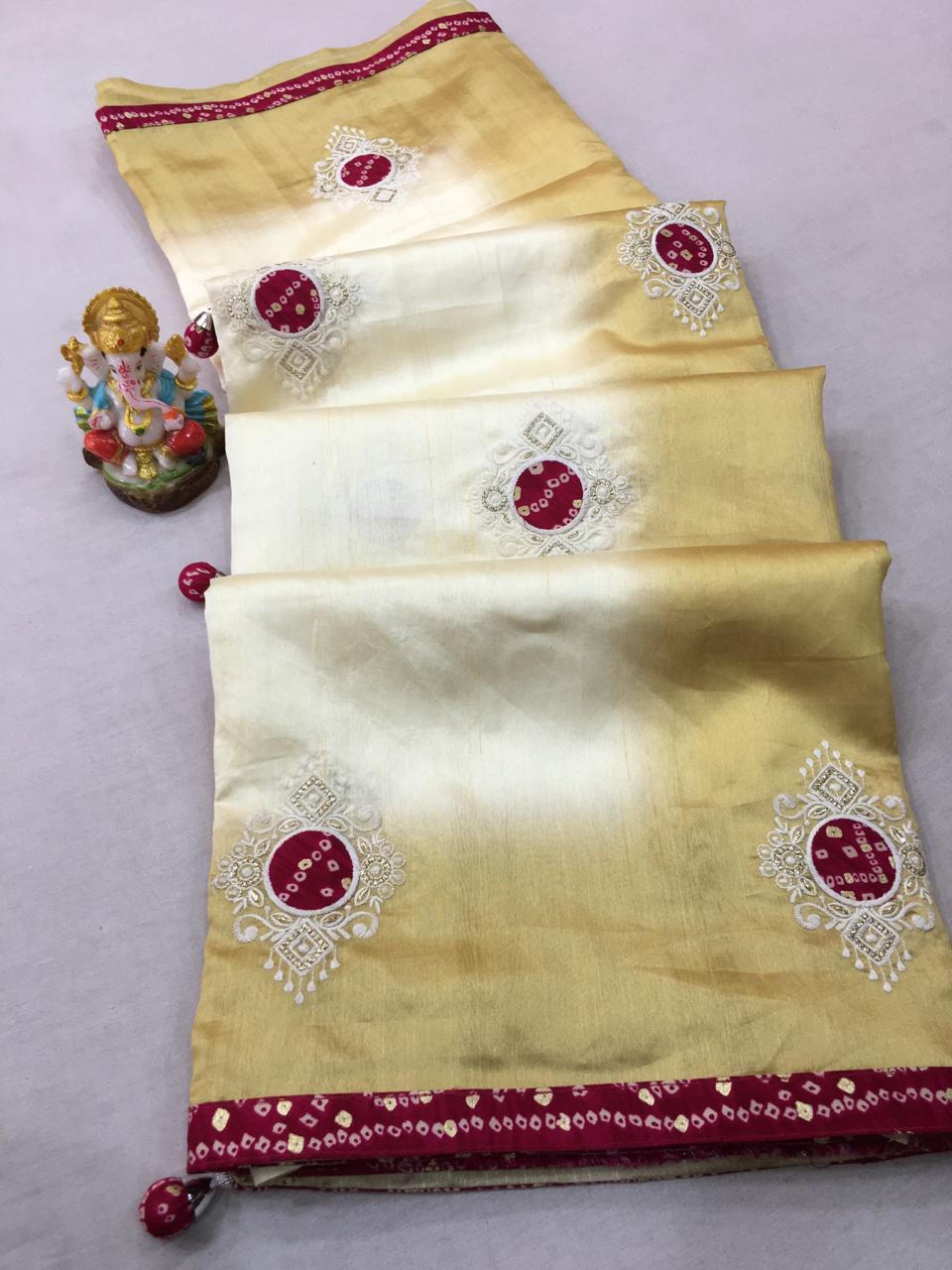Soft Tussar Cotton Saree with Bandhani Applique & Jari Stripes - Casual Elegance - KANHASAREE