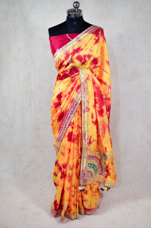 yellow red shibori saree in upada silk with gotapatti work - KANHASAREE