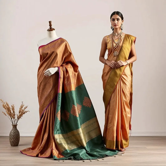 Mannequin and model displaying traditional designer sarees with intricate borders and woven texture in a bright indoor setting