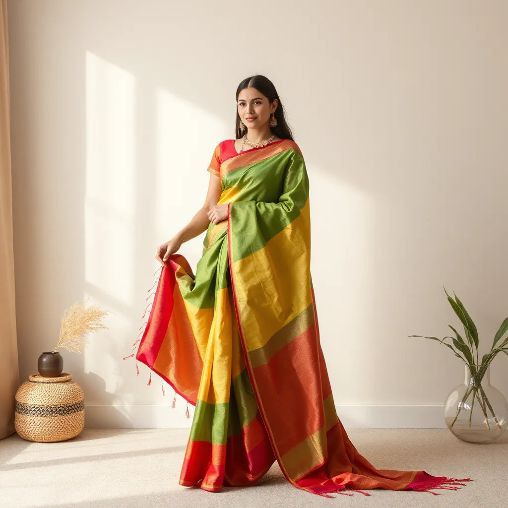 Woman draped in a casual saree with neatly styled pleats and smooth fabric folds in soft indoor light