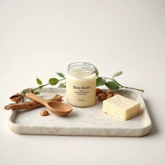 Shea butter moisturizer jar with creamy texture, shea nuts, and a wooden spoon on a minimalist tray