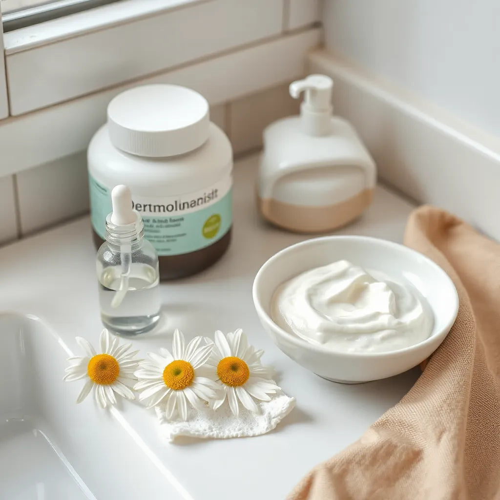 Calming skincare essentials on a clean vanity with soft cream, cotton pads, and chamomile