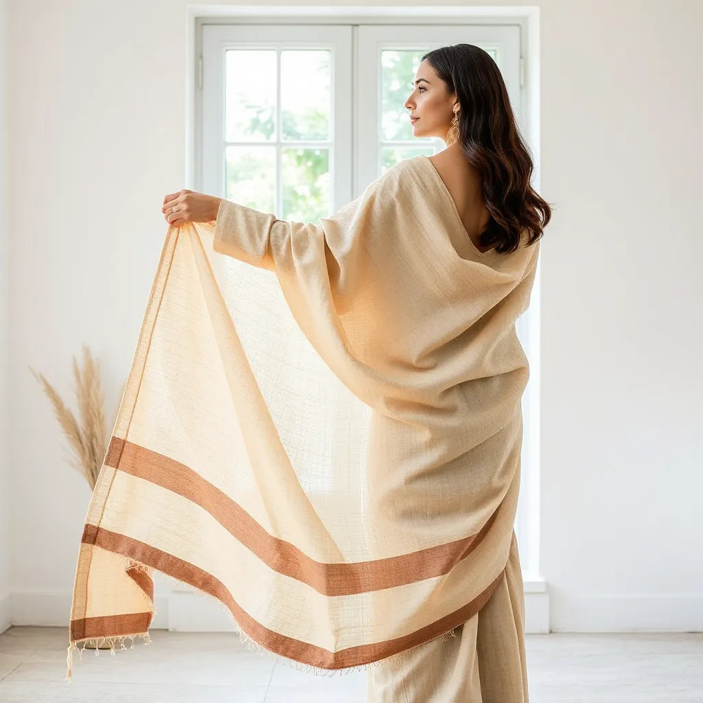Woman draped in a breathable cotton saree in soft natural light near a window with minimal styling