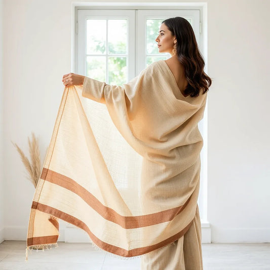 Woman draped in a breathable cotton saree in soft natural light near a window with minimal styling