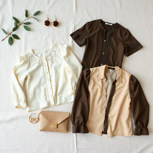 Assorted designer blouses with embroidered and lace details laid out on a neutral background