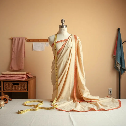 Tailoring workspace with measuring tape and a dress form wearing a draped Indian outfit