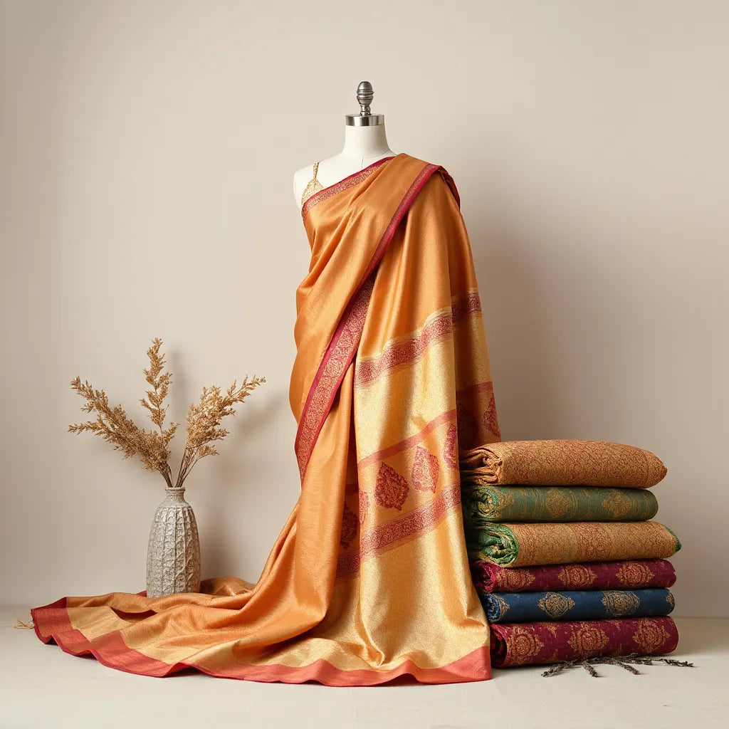 Mannequin draped in an elegant traditional designer saree with detailed border and flowing drape