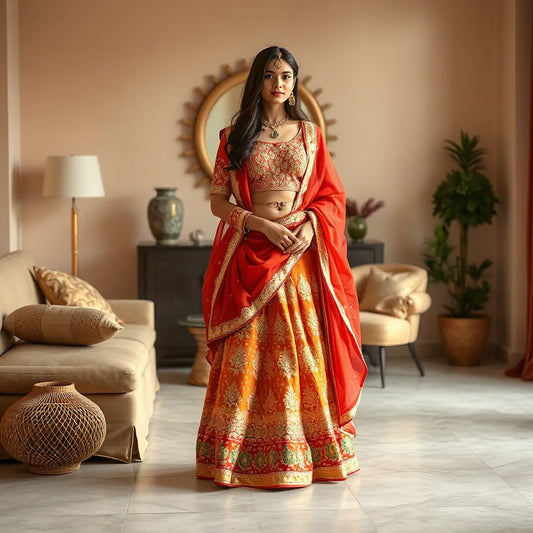 Woman wearing a vibrant embroidered Rajasthani lehenga choli with a draped dupatta in warm indoor light