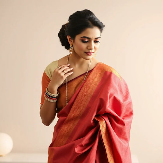 Bride adjusting a richly colored bridal saree with matching blouse and delicate jewelry