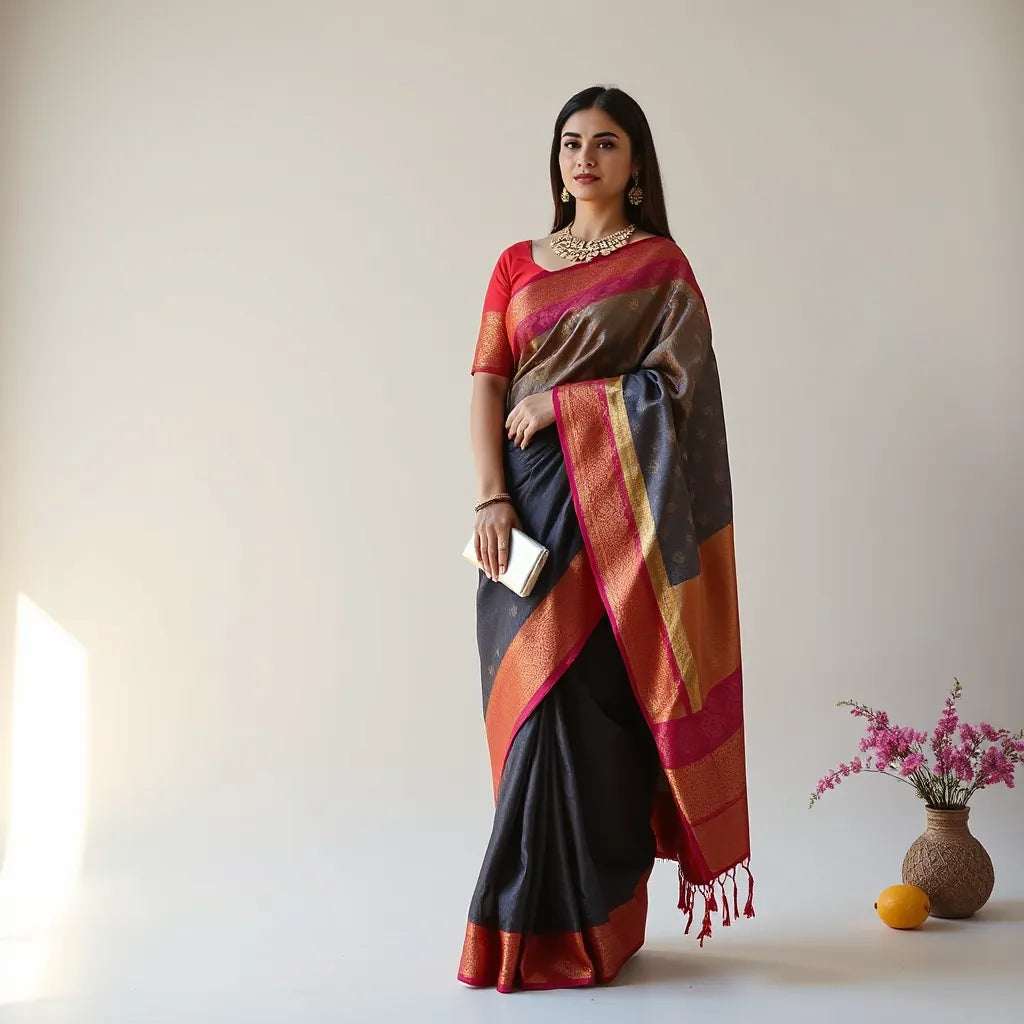 Woman wearing a vibrant festival saree with elegant drape and jewelry in soft natural light