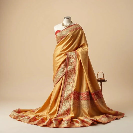 Bride mannequin draped in a richly embroidered luxury wedding saree with shimmering zari detailing and elegant accessories