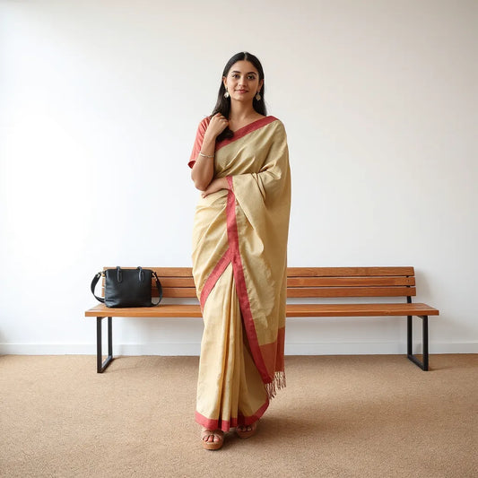 Woman draped in a casual saree with neat folds, paired with simple accessories in a bright indoor setting