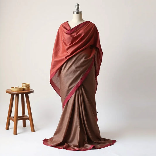 Heavy georgette saree draped on a mannequin showing rich texture, elegant folds, and soft studio lighting
