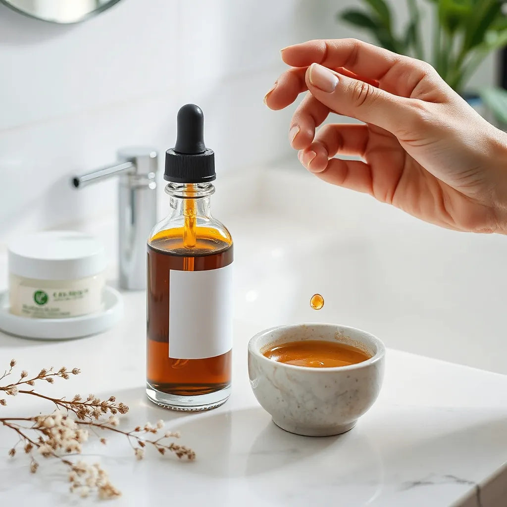 A clear serum dropper and skincare bottles on a vanity with hands applying anti-aging serum.