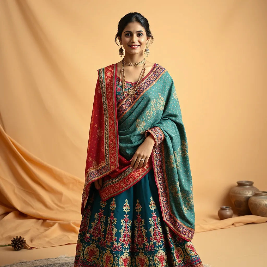 Model in colorful Rajasthani embroidered lehenga choli with dupatta in warm studio lighting