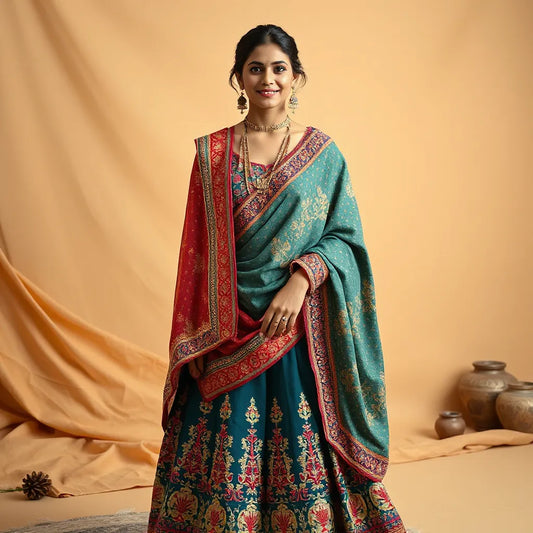 Model in colorful Rajasthani embroidered lehenga choli with dupatta in warm studio lighting
