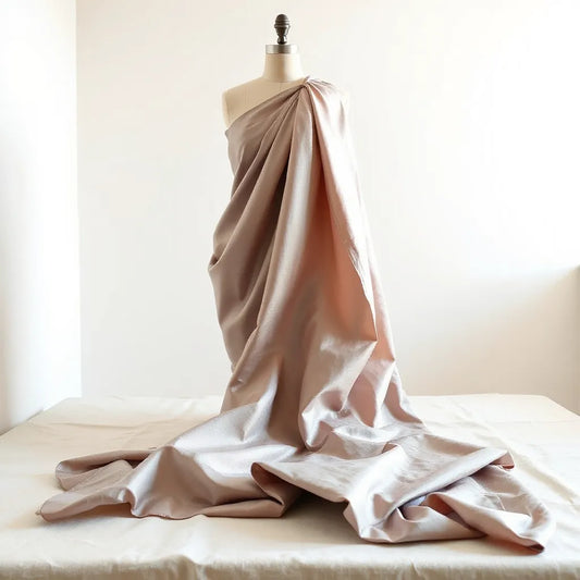 Premium silk saree draped on a mannequin with detailed folds and fabric sheen in soft studio lighting