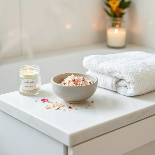 Luxury bath salts in a ceramic bowl with towel and candle on a clean spa vanity