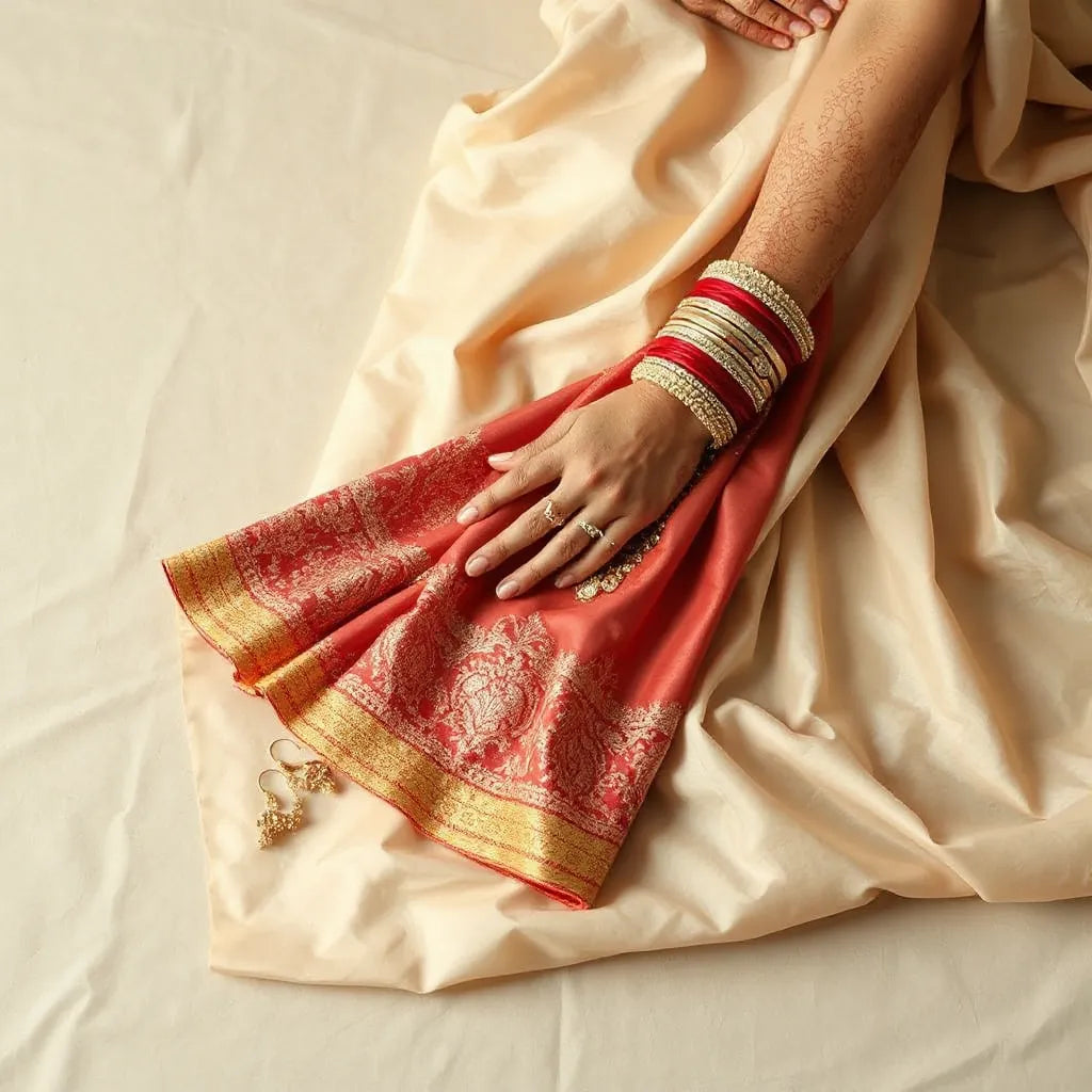 Hand-embroidered bridal saree with ornate border detail laid out for wedding styling