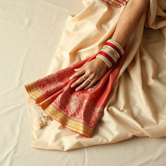 Hand-embroidered bridal saree with ornate border detail laid out for wedding styling